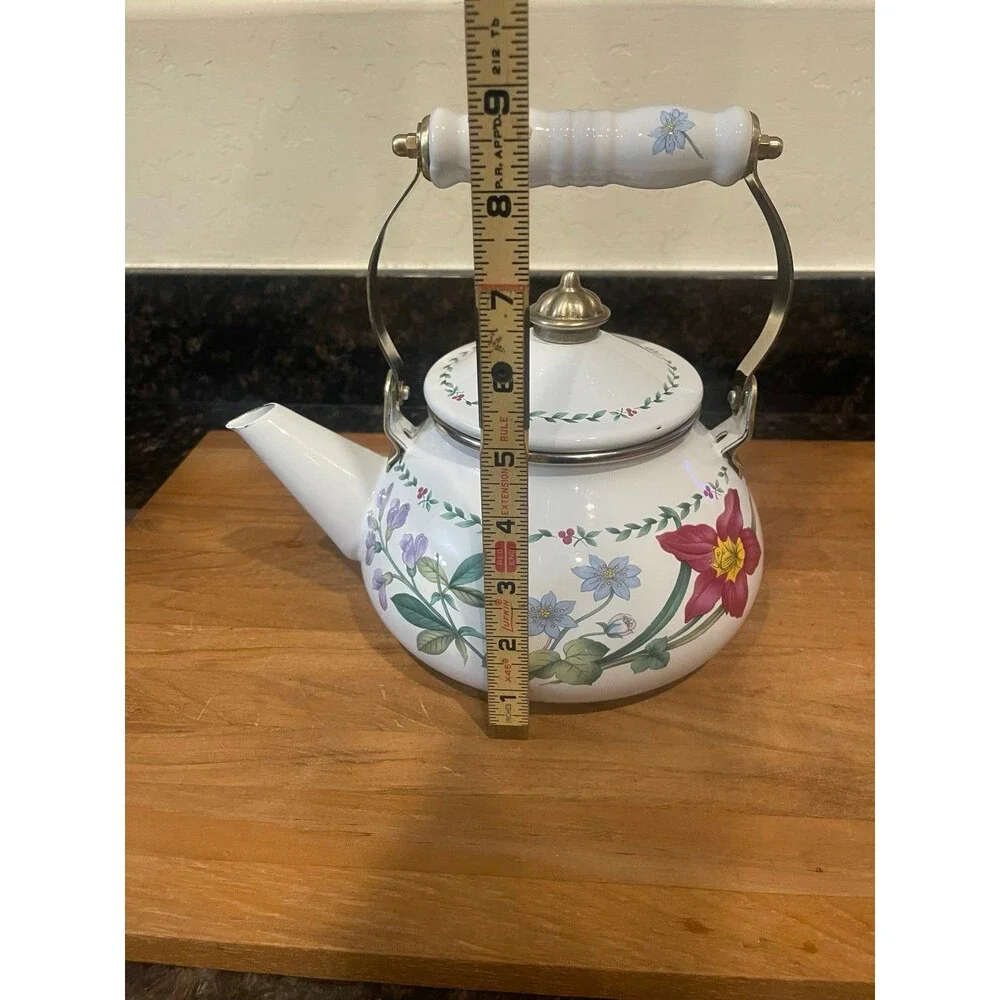 MIKASA ENAMELED METAL TEA POT KETTLE FLOWERS